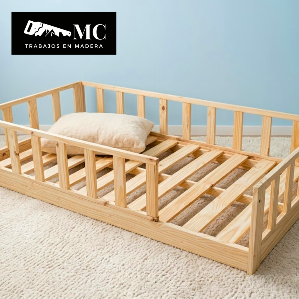 Cama Para Piso Montessori Niños Pequeños Anticaidas Natural