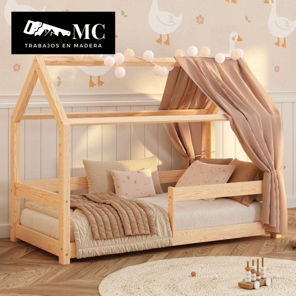 Cama Casita Estilo Montessori con Barandas