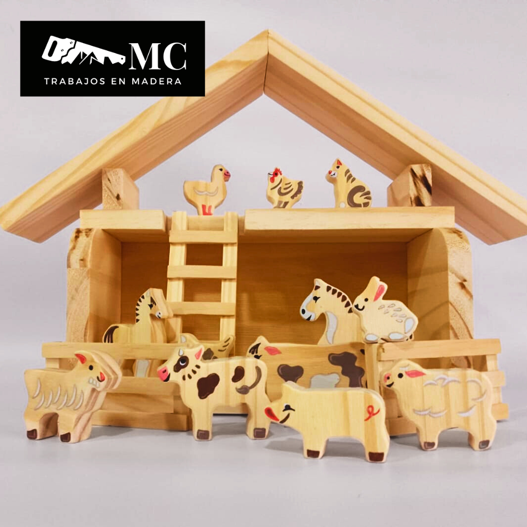Granja con Granero/Establo con 12 Figuras de Animales en Madera
