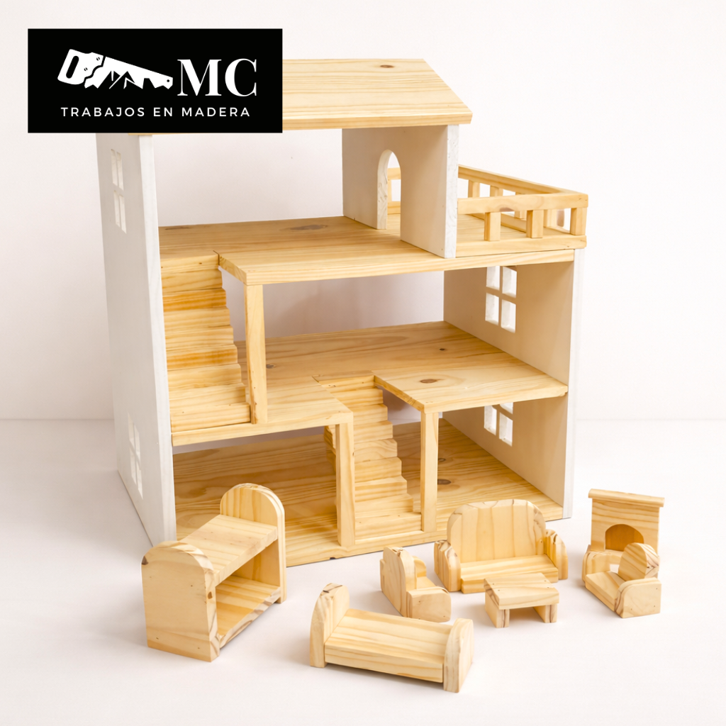 Casita de Muñecas de 3 Pisos con Balcon y Muebles