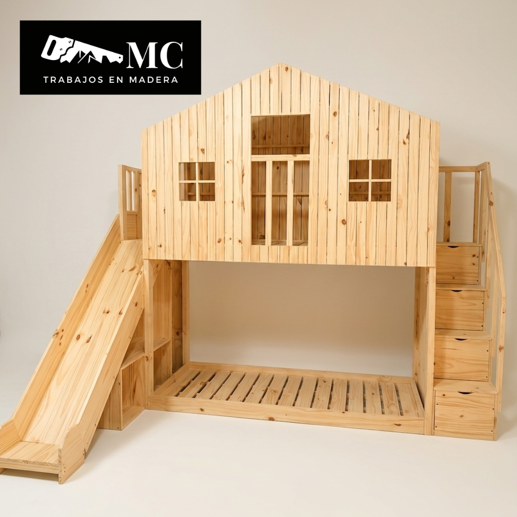 Cama de Pino con Casita y Tobogan